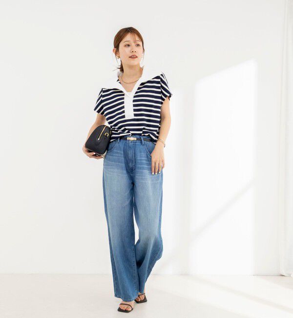 NOLLEY'S「【BECシリーズ】ウォッシャブルオープンカラーボーダーコクーンT」|Tシャツ・カットソー|