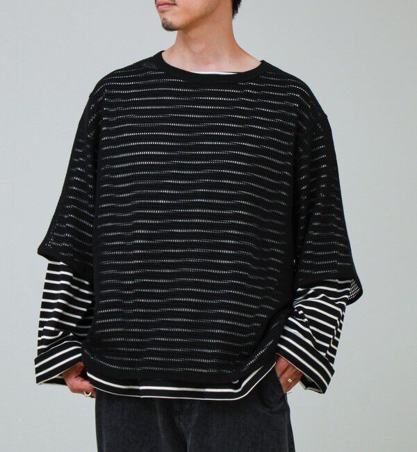 GLOSTER「3/4スリーブメッシュTシャツ シアーT 7分袖 オーバーサイズ」|Tシャツ・カットソー|ブラック