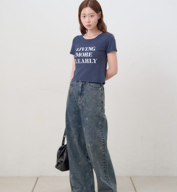  「【WEB限定カラー/2サイズ展開/ウエスト調節可】ビジューフラワーデニム」|デニム|