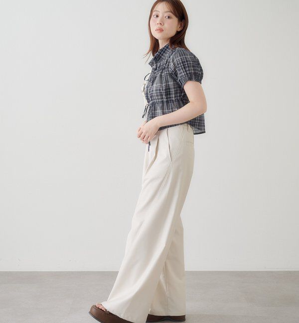  「【チェック&ストライプ】パフフロントリボンシャツ」|シャツ・ブラウス|
