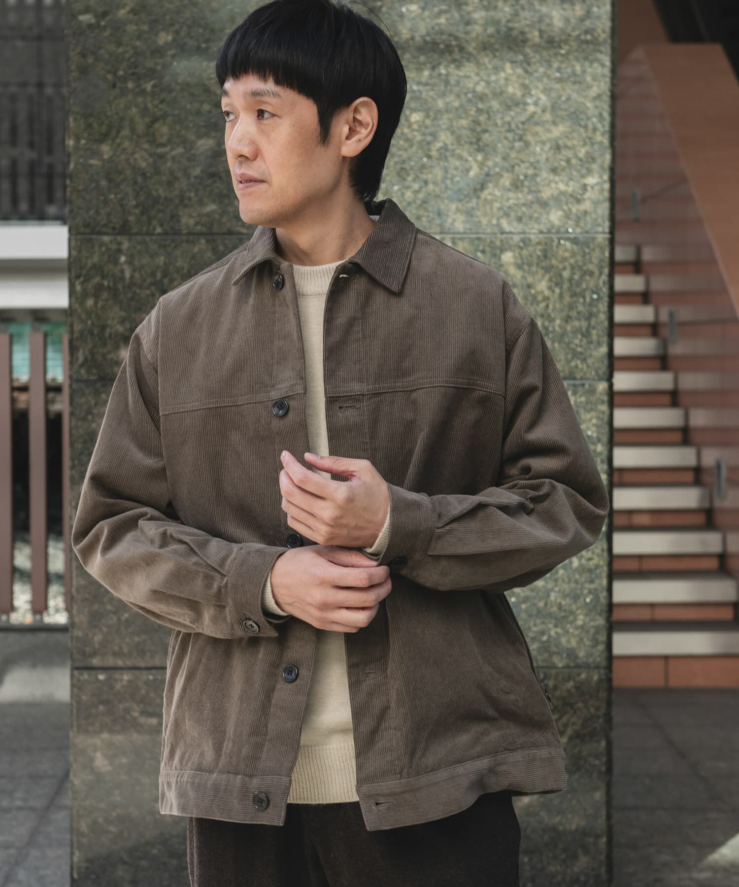 URBAN RESEARCH DOORS「コーデュロイ トラッカージャケット」|ノーカラーコート|モカ