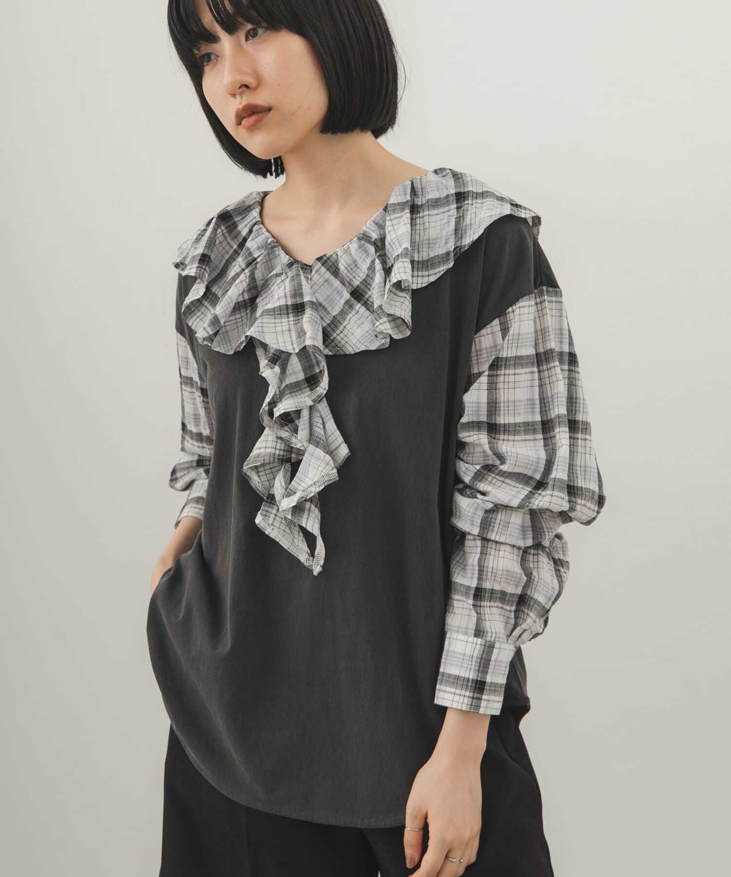  「チェックフリルドッキングトップス」|Tシャツ・カットソー|