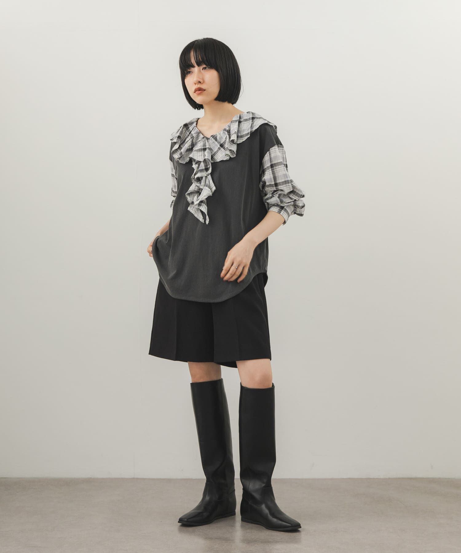  「チェックフリルドッキングトップス」|Tシャツ・カットソー|