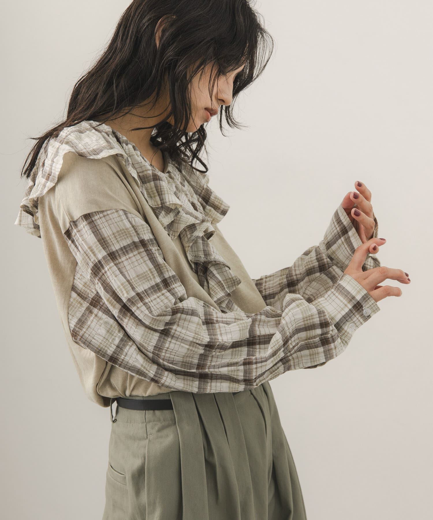  「チェックフリルドッキングトップス」|Tシャツ・カットソー|