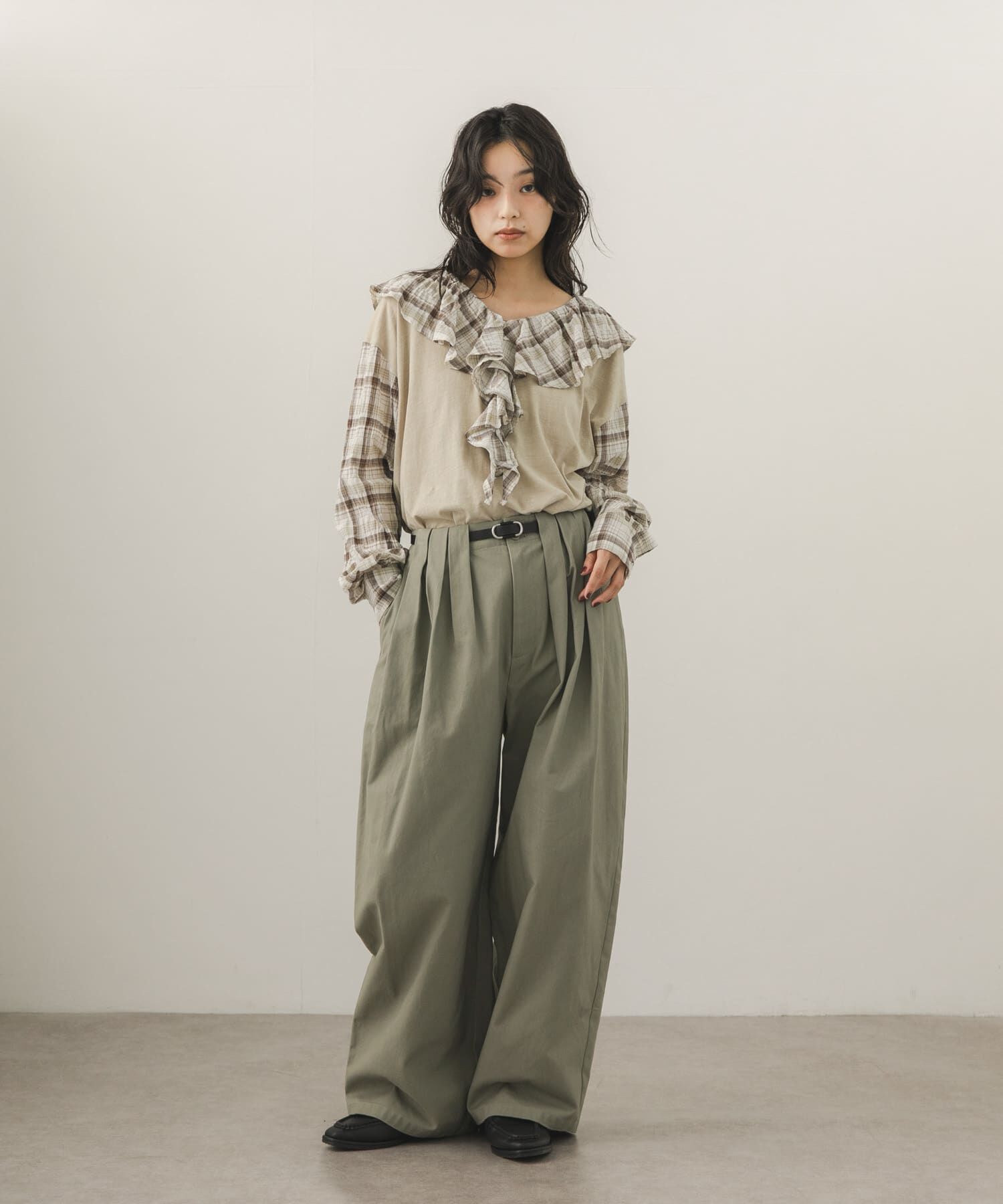 「チェックフリルドッキングトップス」|Tシャツ・カットソー|
