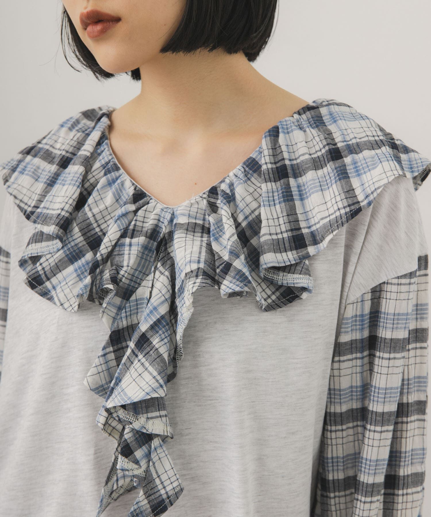  「チェックフリルドッキングトップス」|Tシャツ・カットソー|オートミール