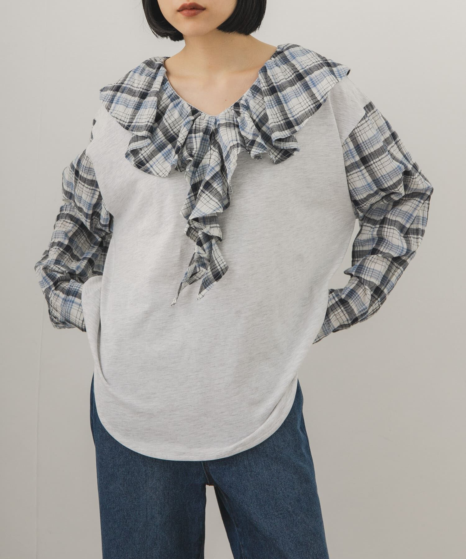  「チェックフリルドッキングトップス」|Tシャツ・カットソー|