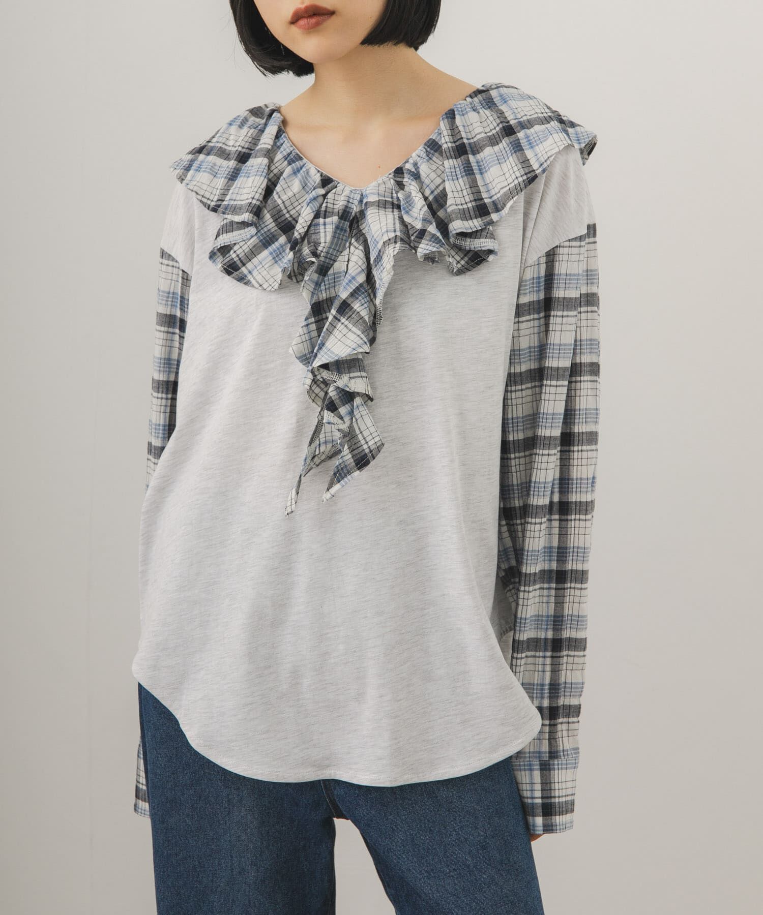  「チェックフリルドッキングトップス」|Tシャツ・カットソー|