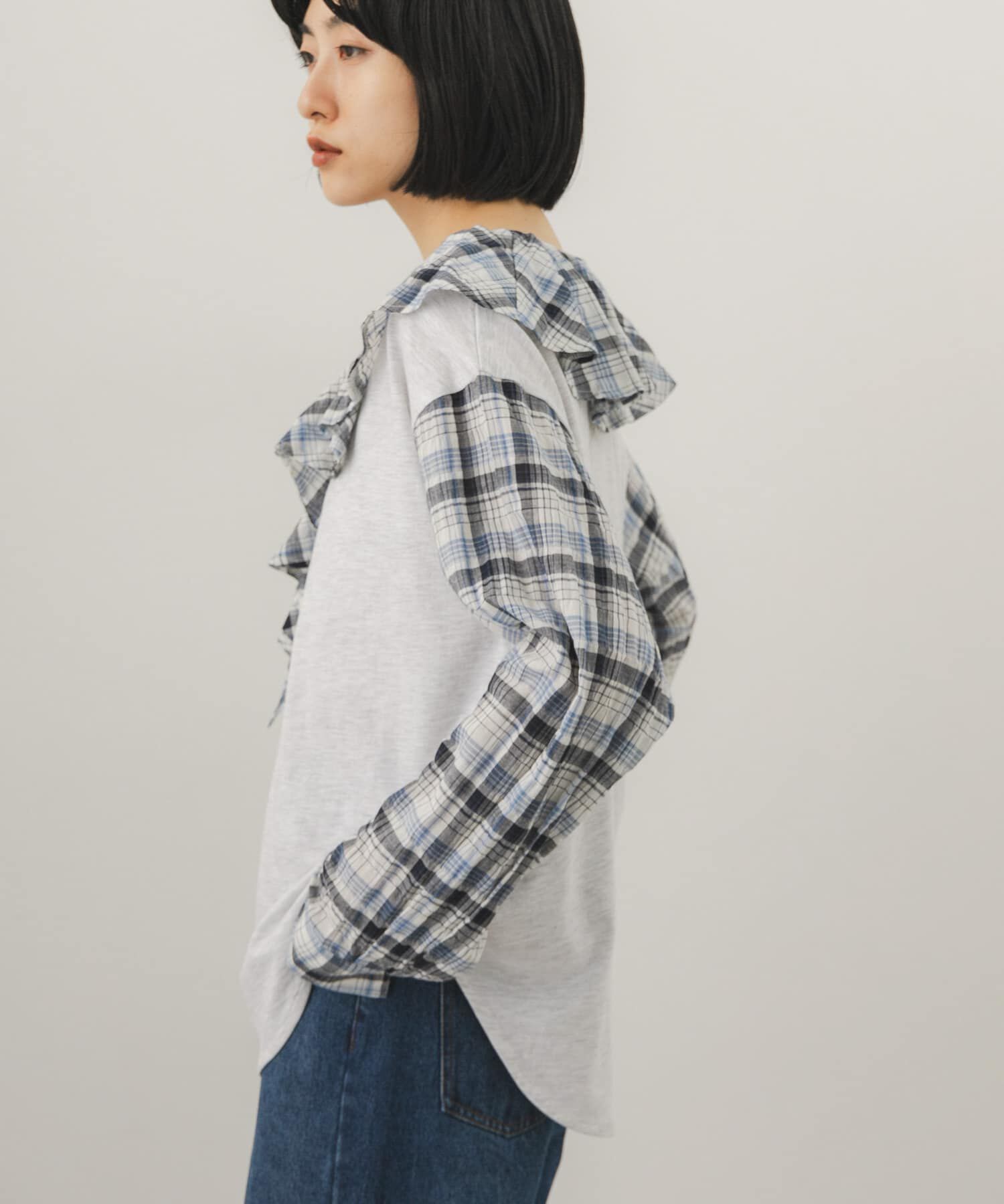  「チェックフリルドッキングトップス」|Tシャツ・カットソー|