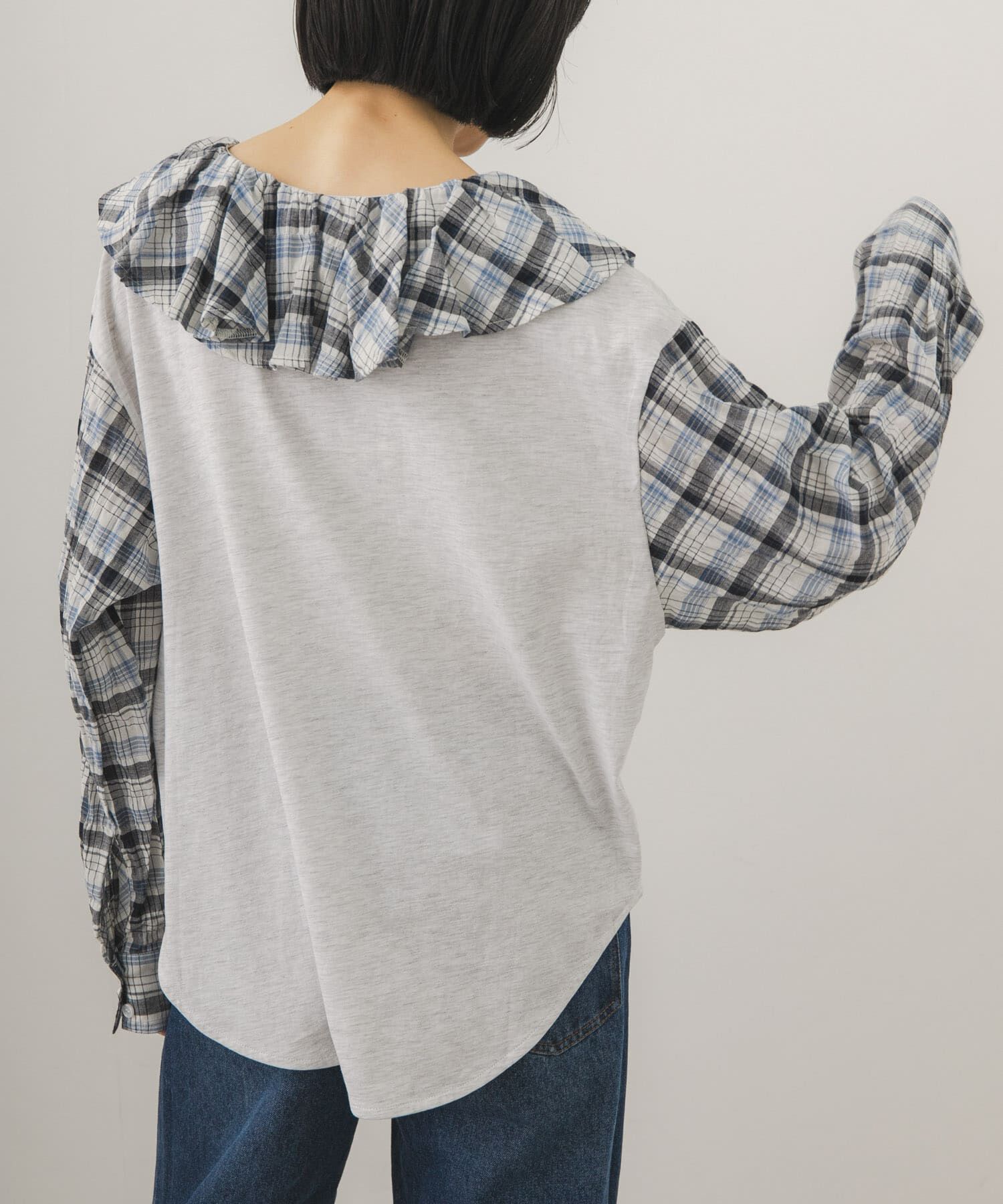  「チェックフリルドッキングトップス」|Tシャツ・カットソー|