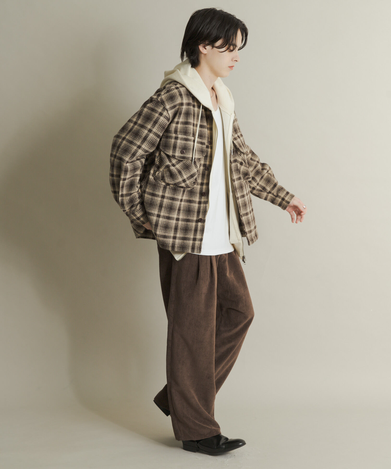 SENSE OF PLACE by URBAN RESEARCH「ヘビーネルチェックシャツジャケット」|ノーカラーコート|