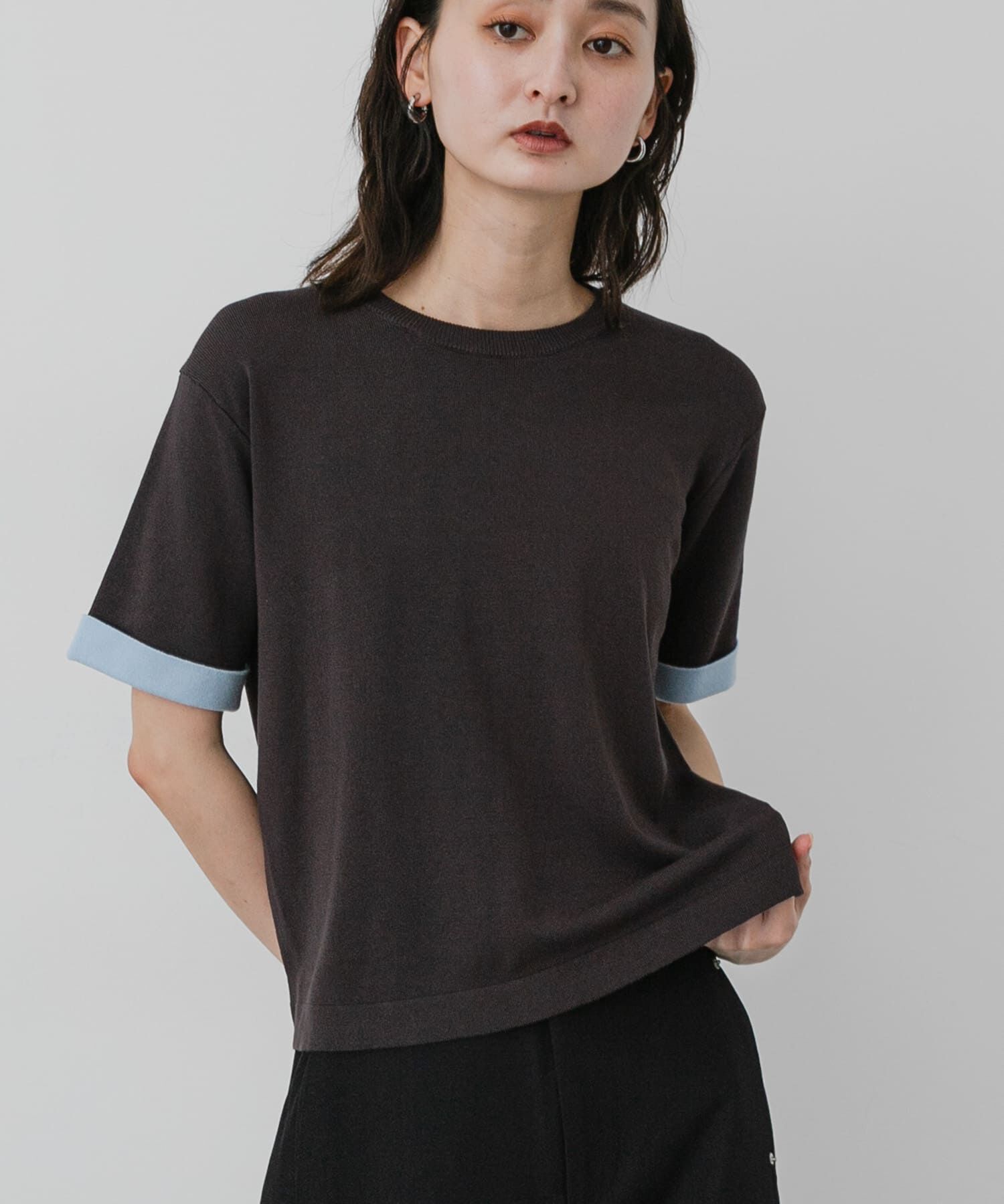 SENSE OF PLACE by URBAN RESEARCH「『洗濯可』バイカラーロールスリーブニットTシャツ」|ニット・セーター|