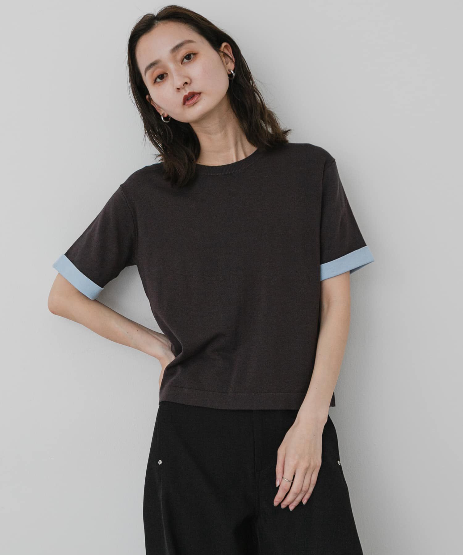 SENSE OF PLACE by URBAN RESEARCH「『洗濯可』バイカラーロールスリーブニットTシャツ」|ニット・セーター|