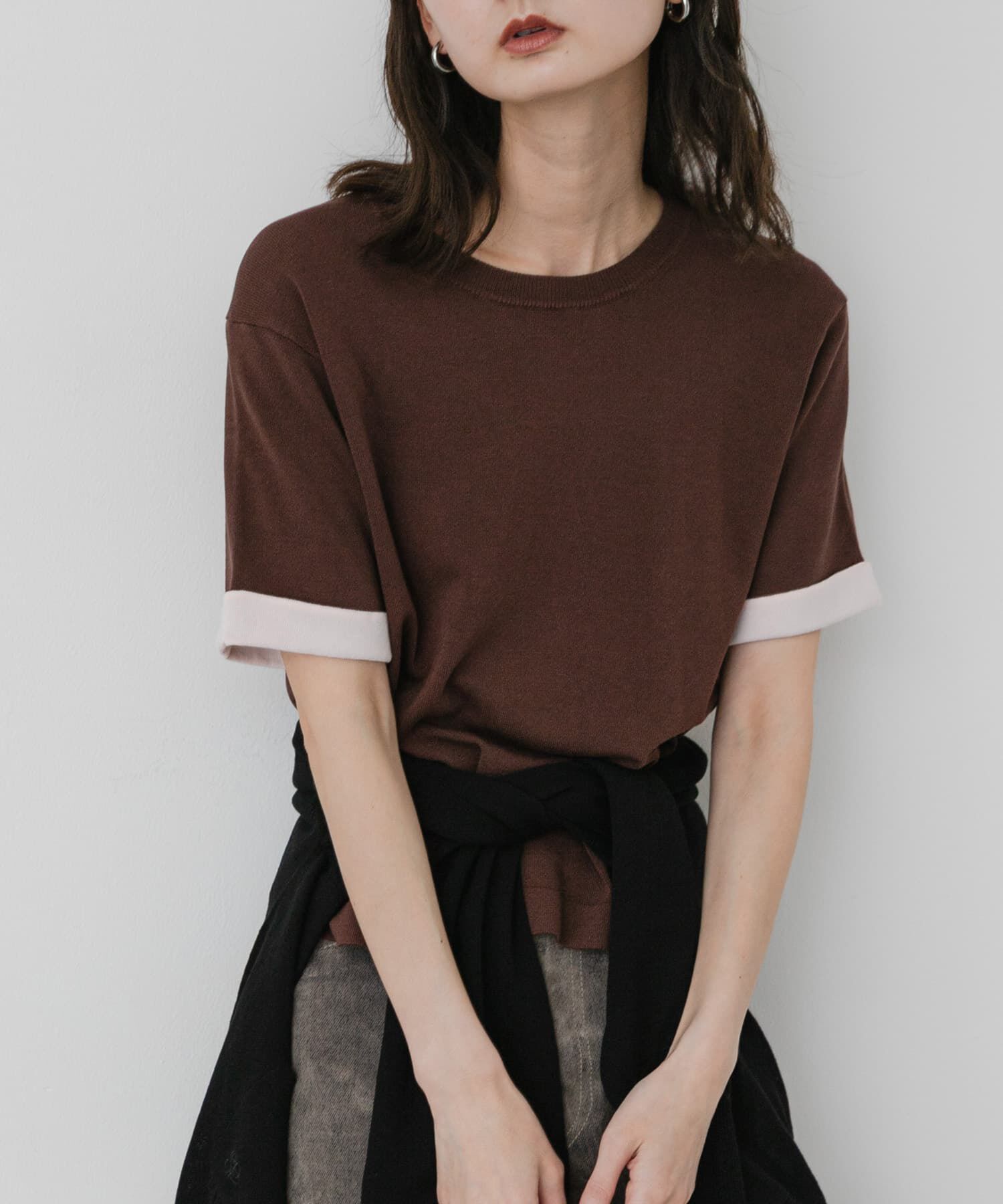 SENSE OF PLACE by URBAN RESEARCH「『洗濯可』バイカラーロールスリーブニットTシャツ」|ニット・セーター|ブラウン