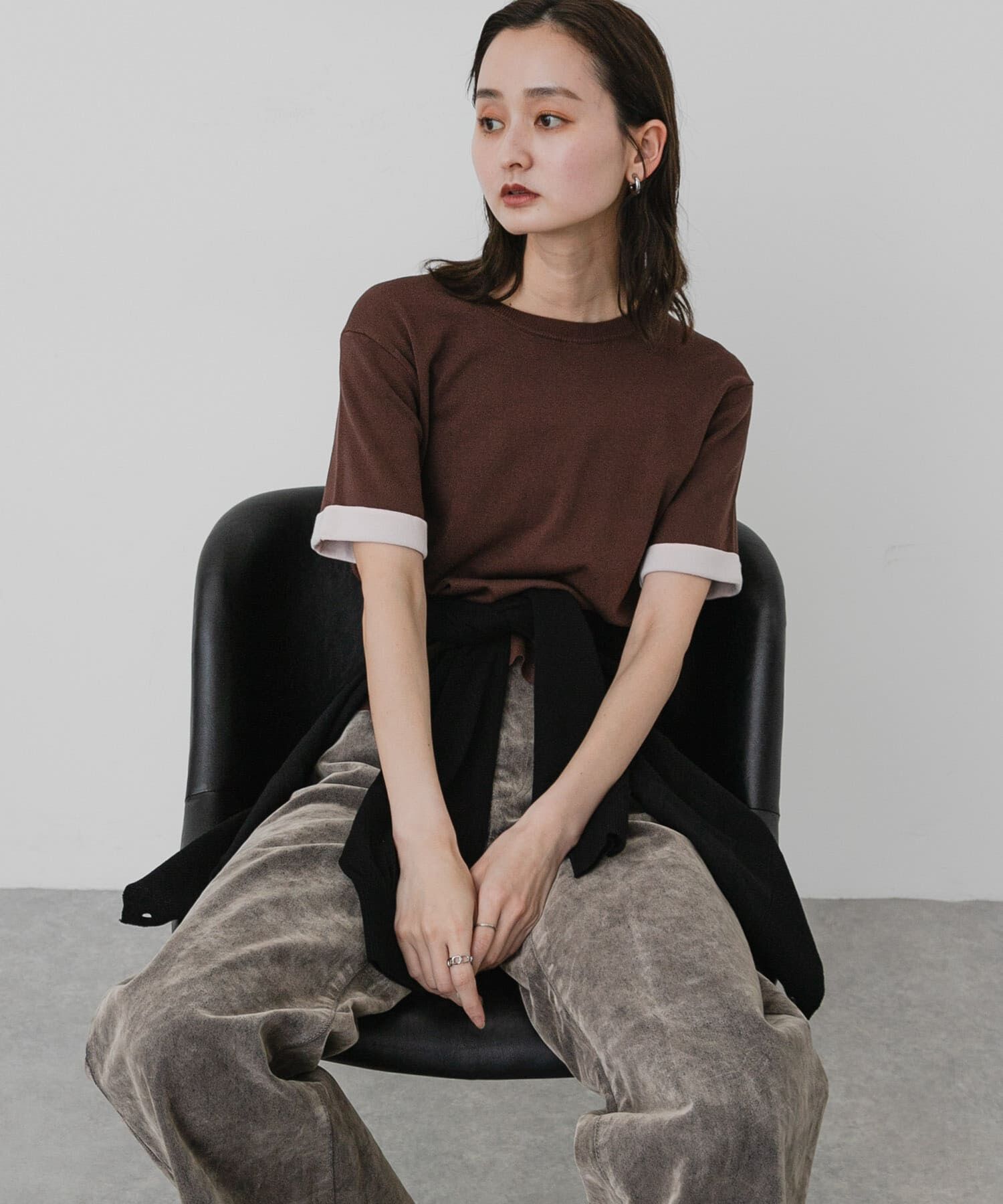 SENSE OF PLACE by URBAN RESEARCH「『洗濯可』バイカラーロールスリーブニットTシャツ」|ニット・セーター|