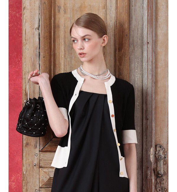 LOULOU WILLOUGHBY「◇バイカラーキーネック5分袖カーディガン」|カーディガン|