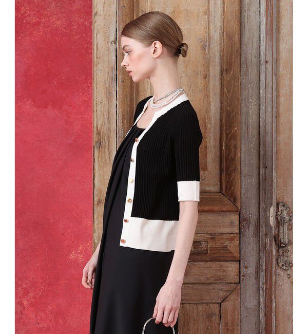 LOULOU WILLOUGHBY「◇バイカラーキーネック5分袖カーディガン」|カーディガン|