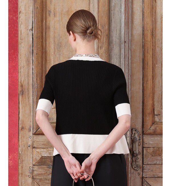 LOULOU WILLOUGHBY「◇バイカラーキーネック5分袖カーディガン」|カーディガン|