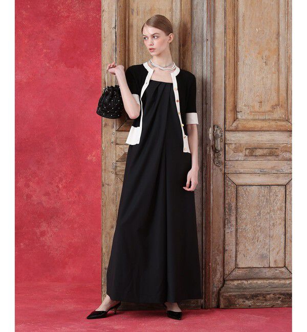 LOULOU WILLOUGHBY「◇バイカラーキーネック5分袖カーディガン」|カーディガン|