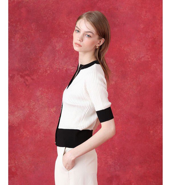 LOULOU WILLOUGHBY「◇バイカラーキーネック5分袖カーディガン」|カーディガン|