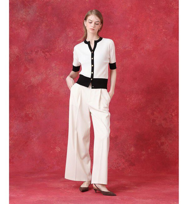 LOULOU WILLOUGHBY「◇バイカラーキーネック5分袖カーディガン」|カーディガン|