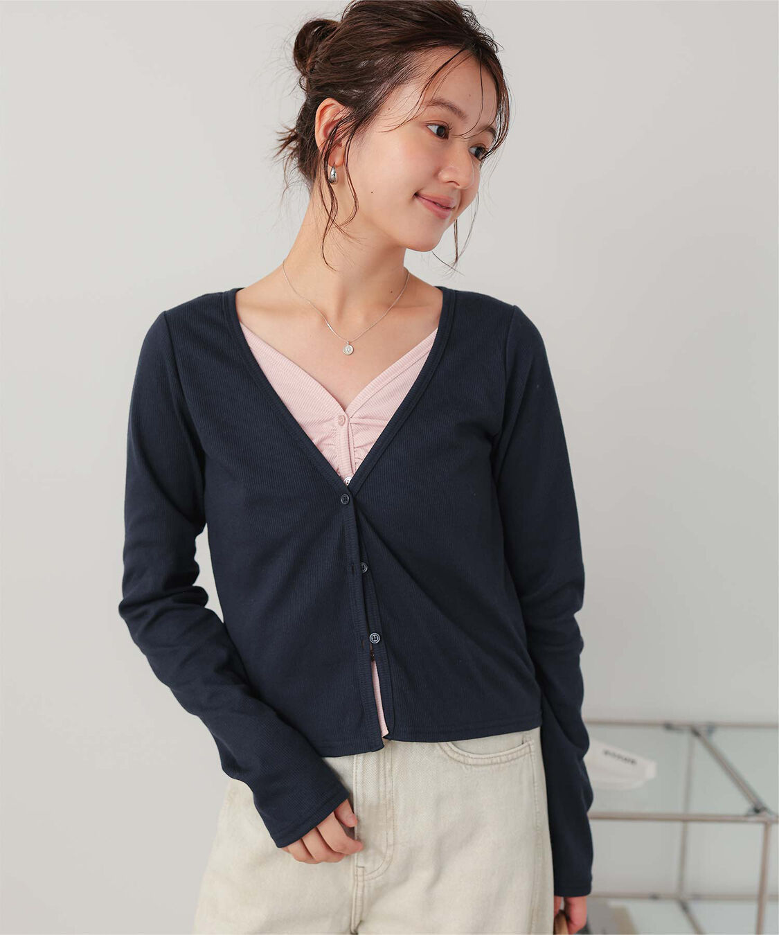 titivate「レイヤード風フロントギャザーデザインカットソートップス」|Tシャツ・カットソー|ネイビー