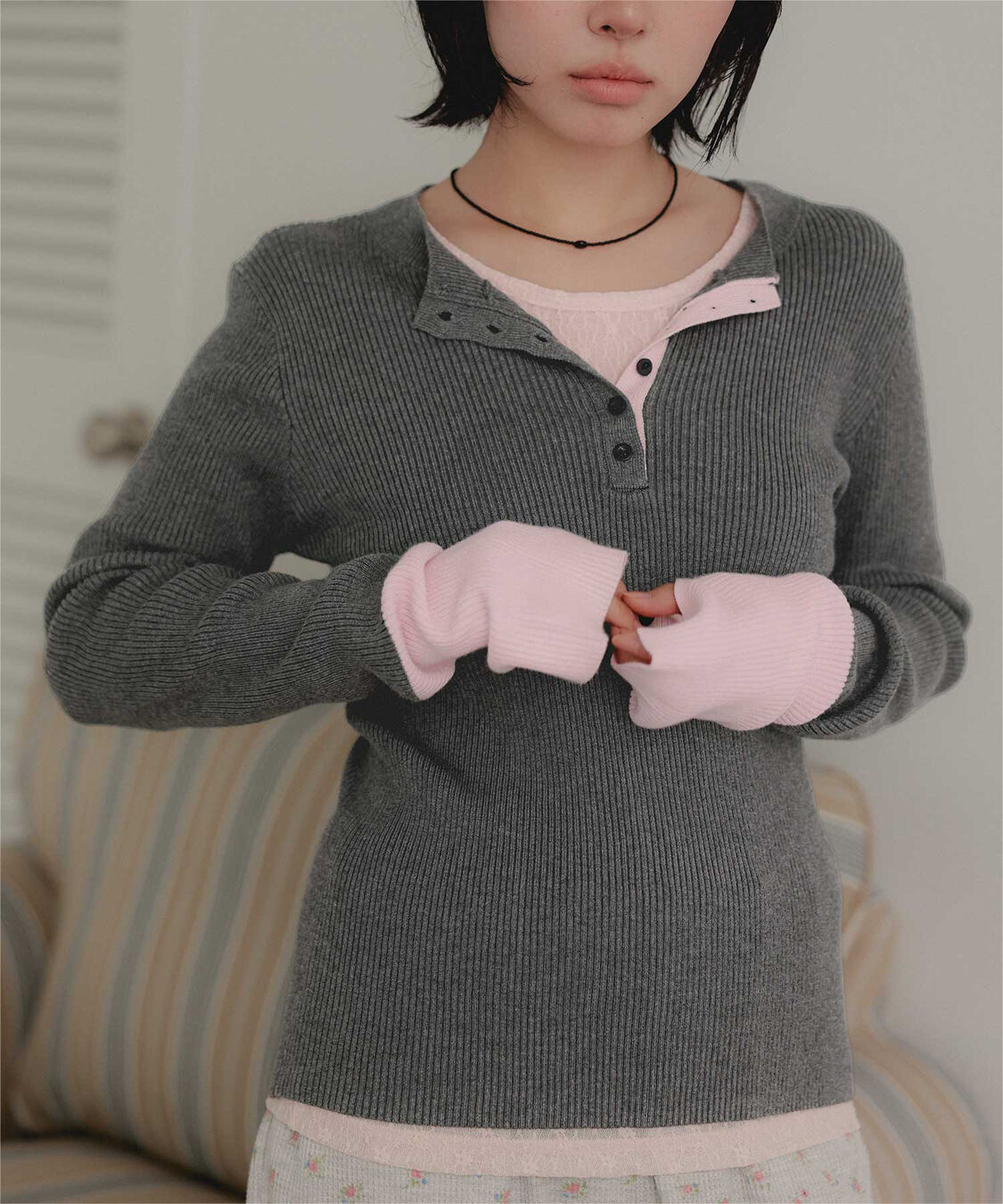 miette「ヘンリーネック配色フィンガーリブニット」|ニット・セーター|