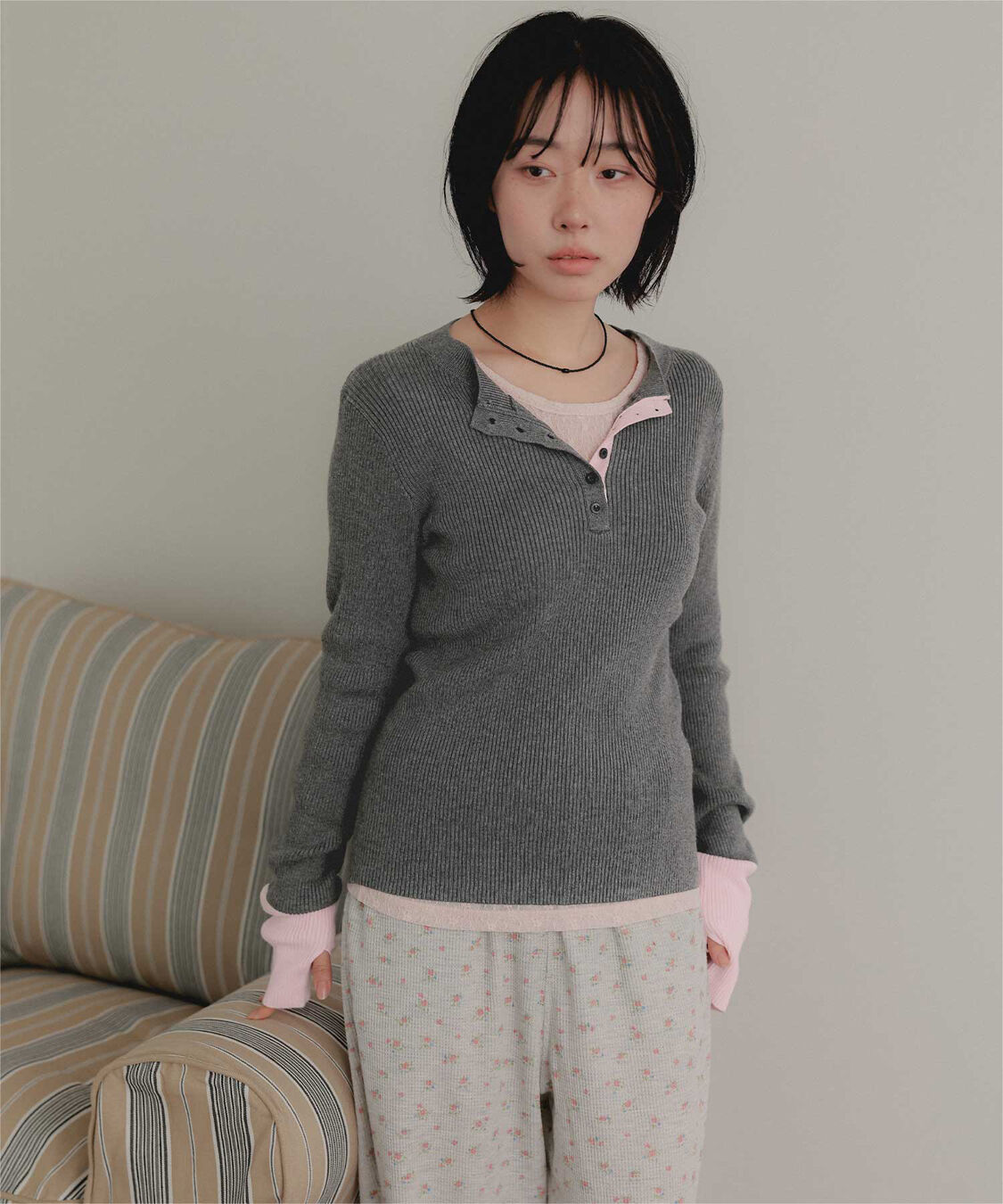 miette「ヘンリーネック配色フィンガーリブニット」|ニット・セーター|