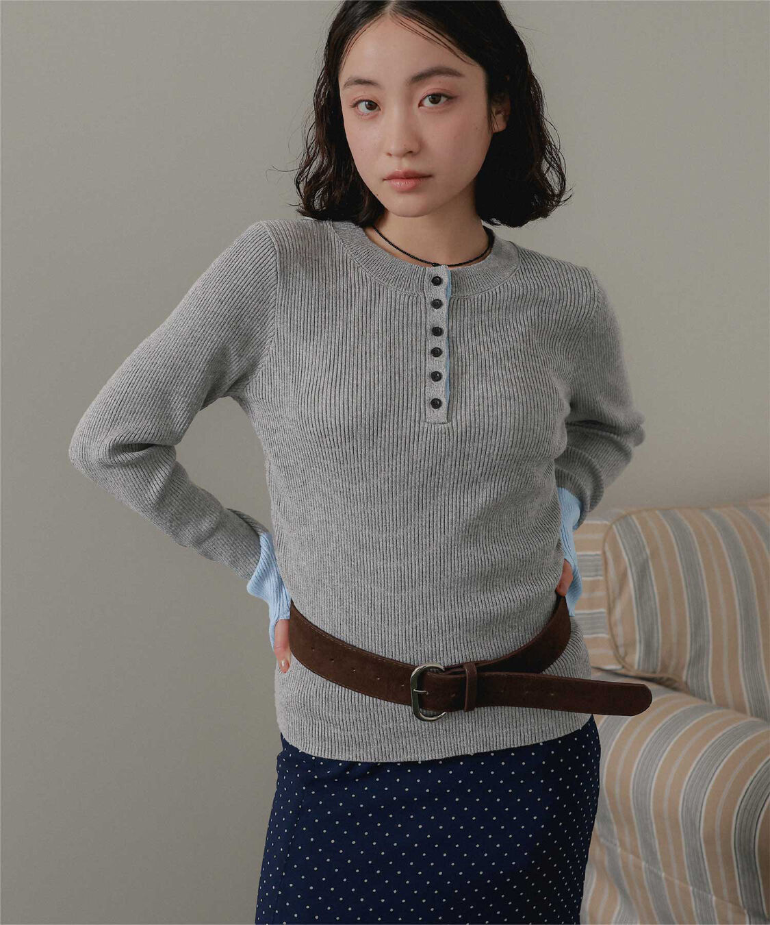 miette「ヘンリーネック配色フィンガーリブニット」|ニット・セーター|
