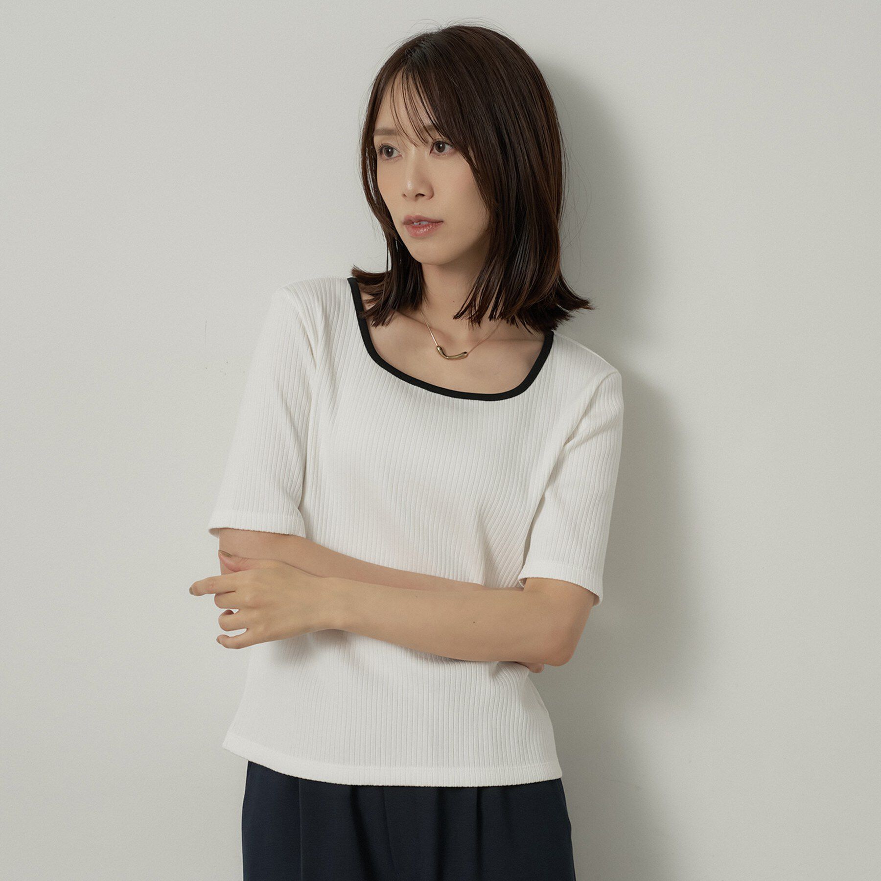 UNTITLED「【二の腕カバー】スクエアネックテレコプルオーバー」|Tシャツ・カットソー|