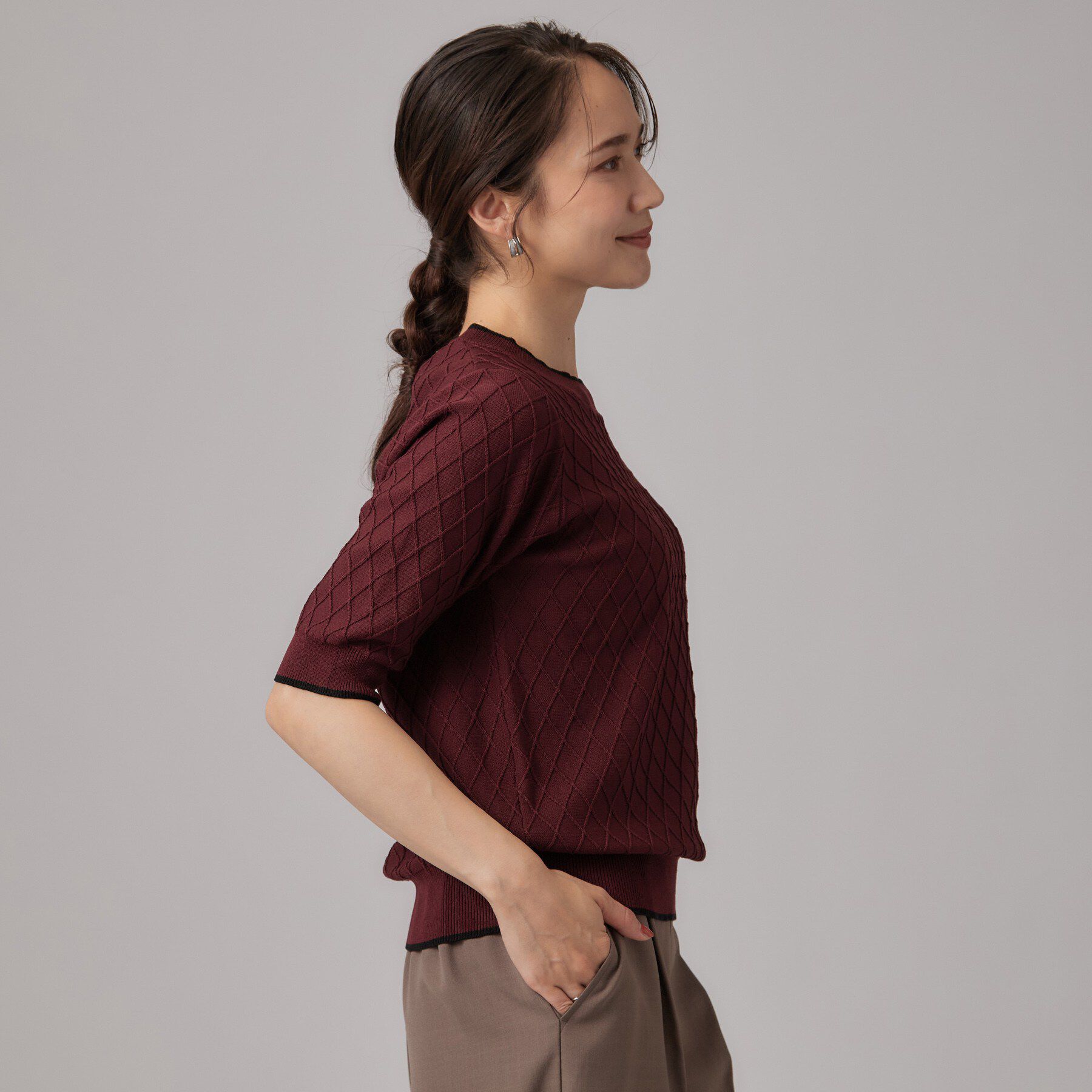 SHOO･LA･RUE「【毛玉になりにくい/S-LL】きれいですっきり二の腕カバー ダイヤ柄5分袖ニット」|ニット・セーター|