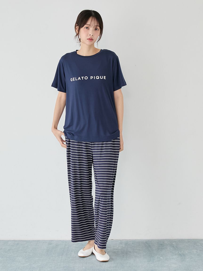 gelato pique「レーヨンロゴTシャツ&ボーダーロングパンツセット」|ルームウェア|NVY