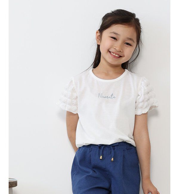 ikka kids「袖異素材刺繍ロゴTシャツ（120~160cm）」|Tシャツ・カットソー|オフホワイト
