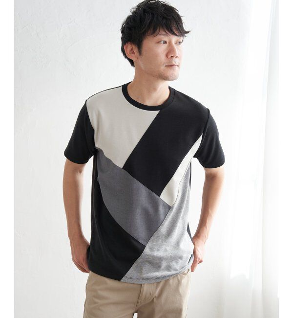 ikka「【親子おそろい】ブロックスポンチ斜め切り替えTシャツ」|Tシャツ・カットソー|