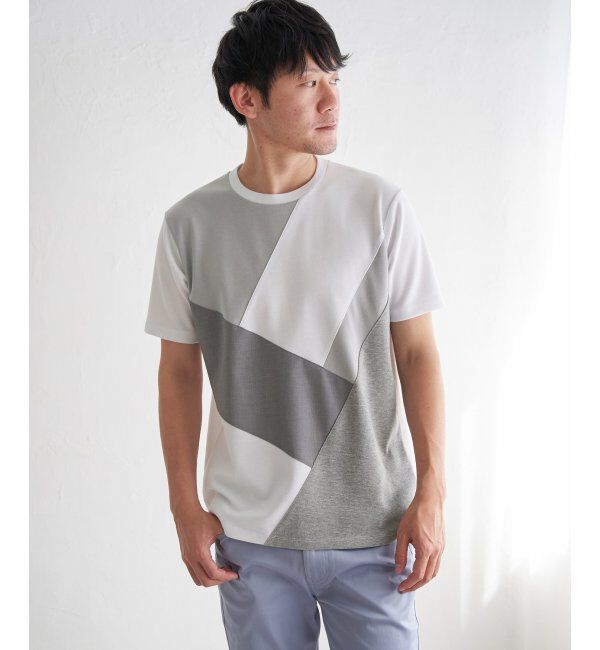 ikka「【親子おそろい】ブロックスポンチ斜め切り替えTシャツ」|Tシャツ・カットソー|