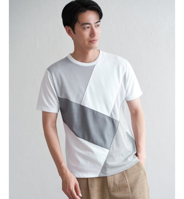 ikka「【親子おそろい】ブロックスポンチ斜め切り替えTシャツ」|Tシャツ・カットソー|