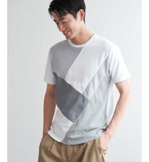 ikka「【親子おそろい】ブロックスポンチ斜め切り替えTシャツ」|Tシャツ・カットソー|