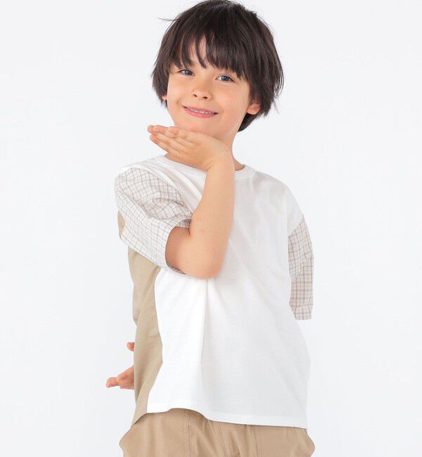 SHIPS KIDS「SHIPS KIDS:100～130cm / チェック 切替 半袖 TEE」|Tシャツ・カットソー|オフホワイト