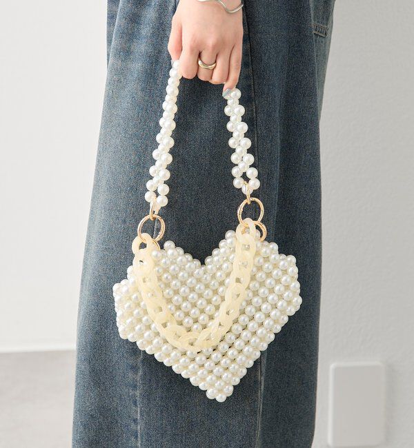  「ビーズハンドルハートBAG」|トートバッグ|アイボリー