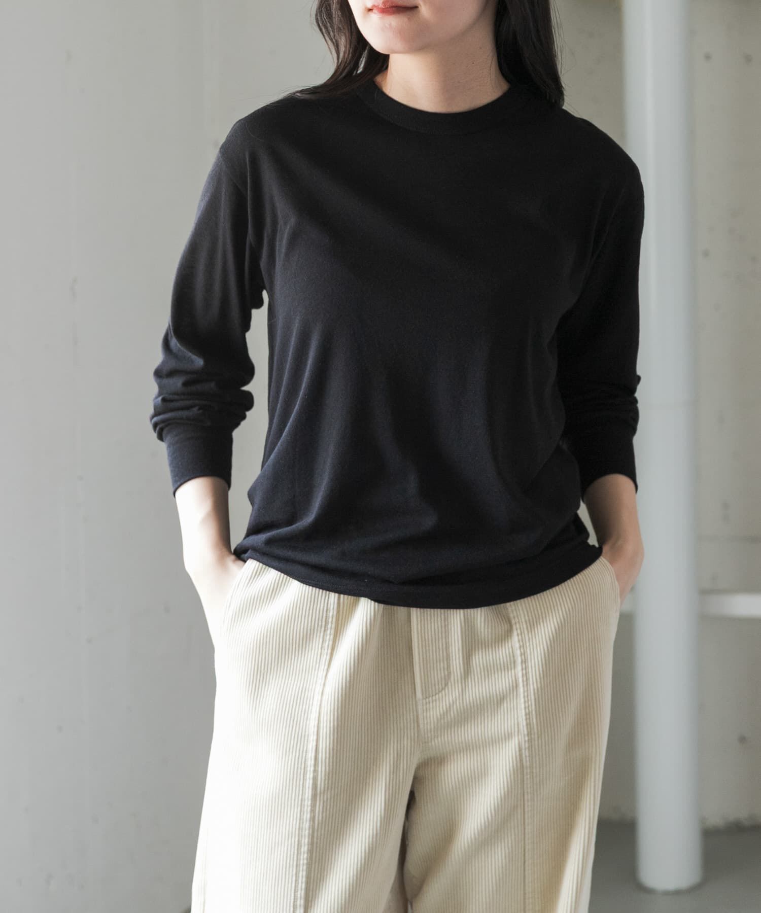URBAN RESEARCH DOORS「FORK&SPOON　ウール混クルーネックカットソー」|Tシャツ・カットソー|ブラック