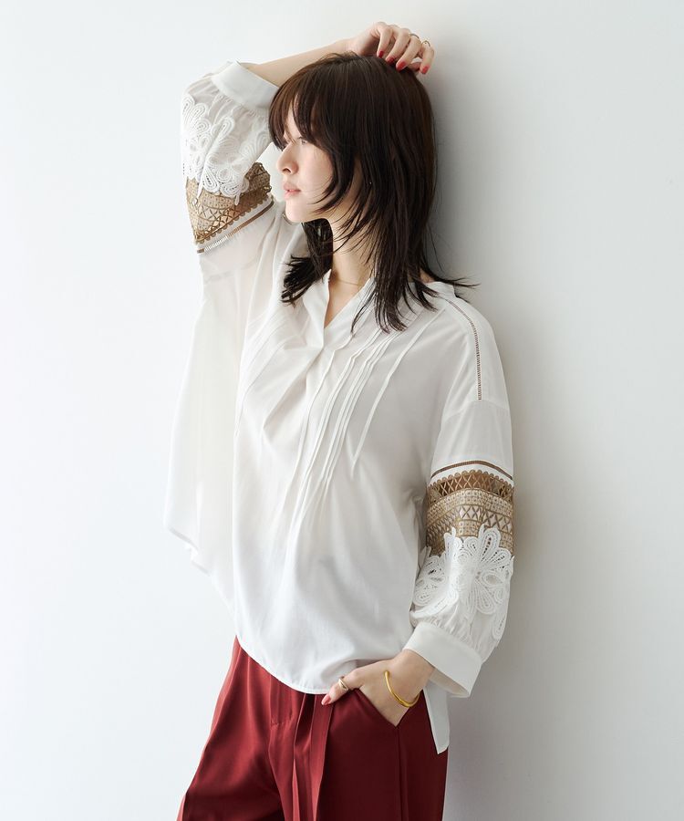 YECCA VECCA「レース切替スキッパーブラウス」|シャツ・ブラウス|Off White