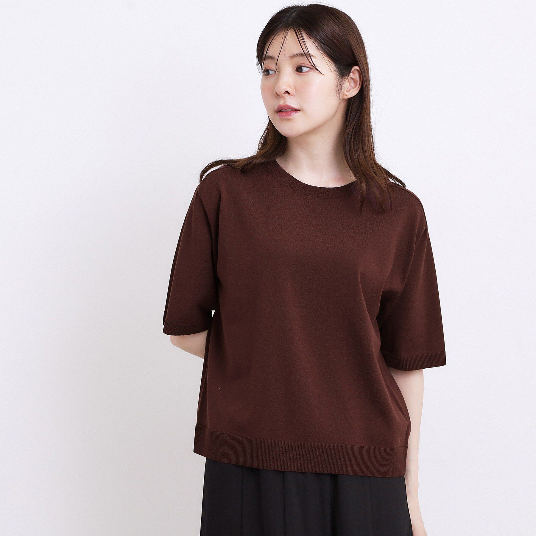 grove「【ひんやり・UVカット・洗濯機◎】Tシャツ感覚で着られるコットン混ニット」|ニット・セーター|ブラウン(044)