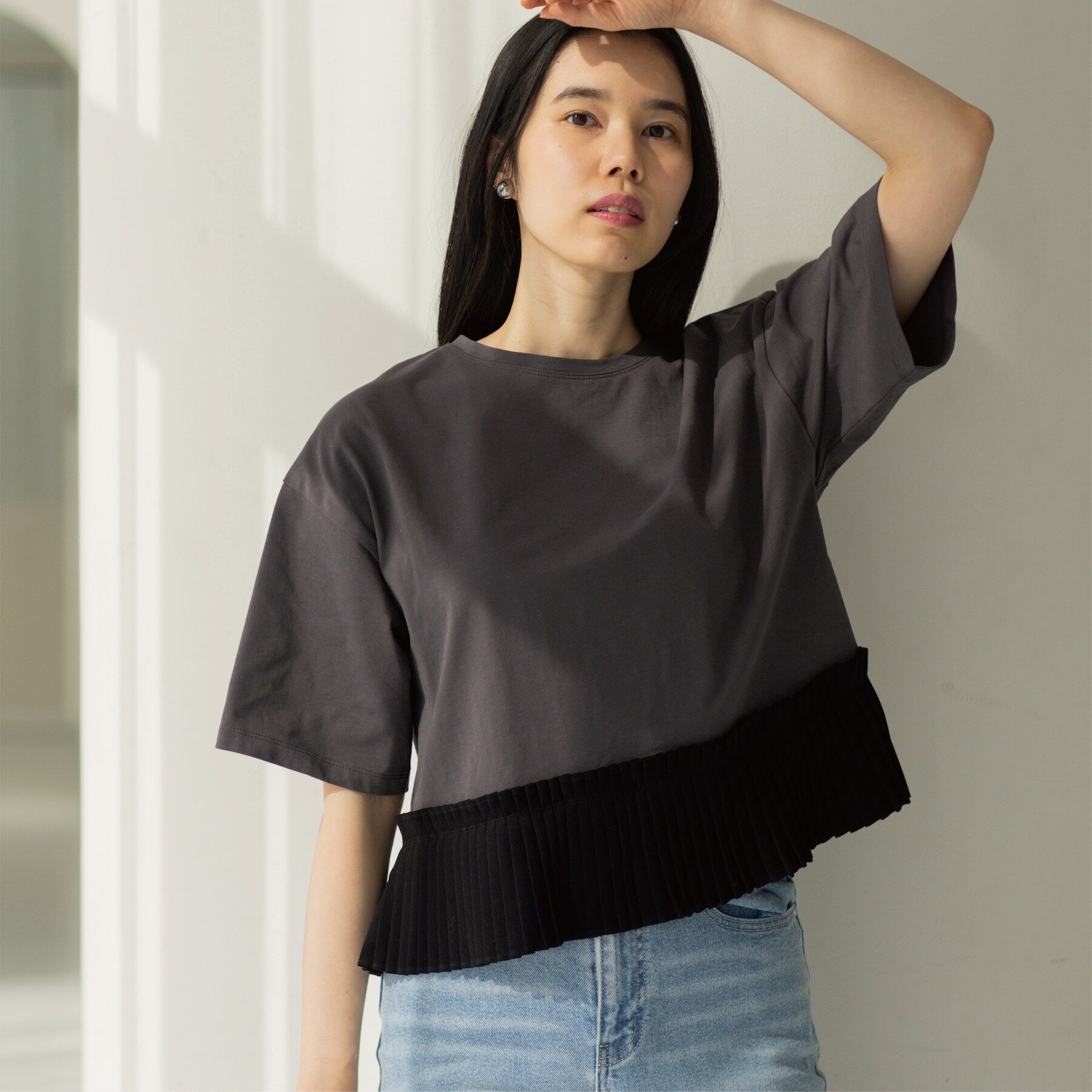 OPAQUE.CLIP「プリーツデザインドッキングトップス」|Tシャツ・カットソー|