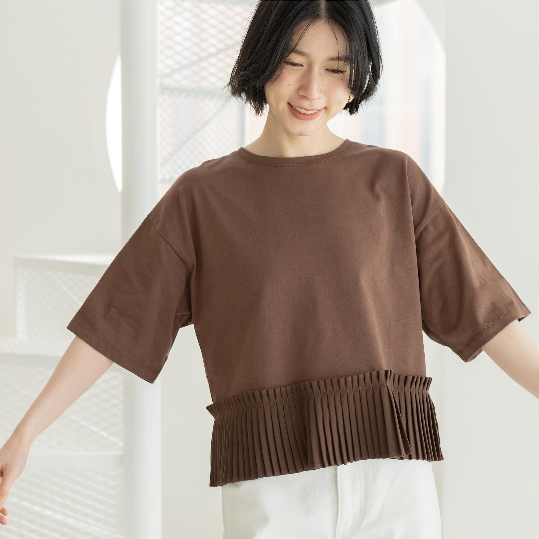 OPAQUE.CLIP「プリーツデザインドッキングトップス」|Tシャツ・カットソー|