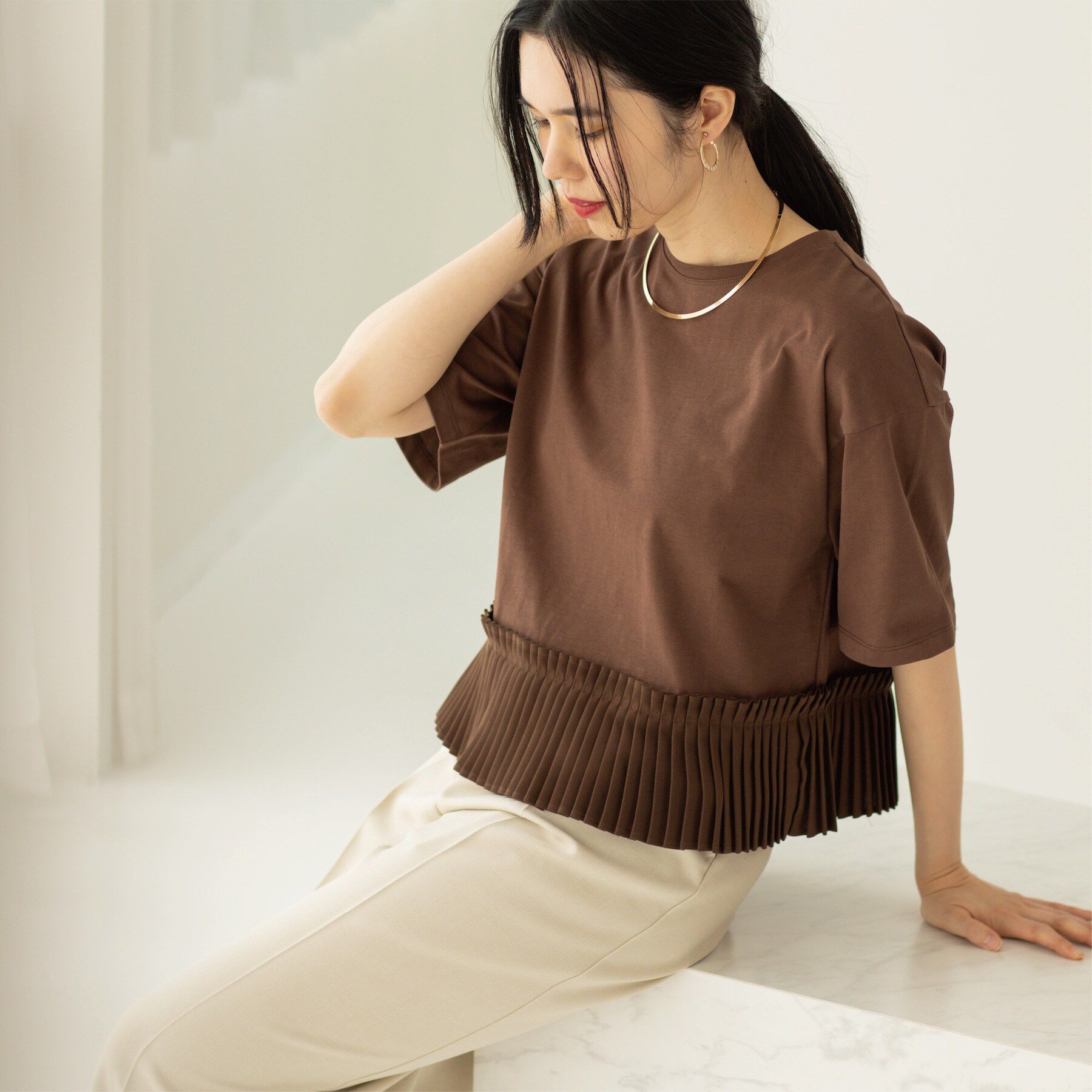 OPAQUE.CLIP「プリーツデザインドッキングトップス」|Tシャツ・カットソー|