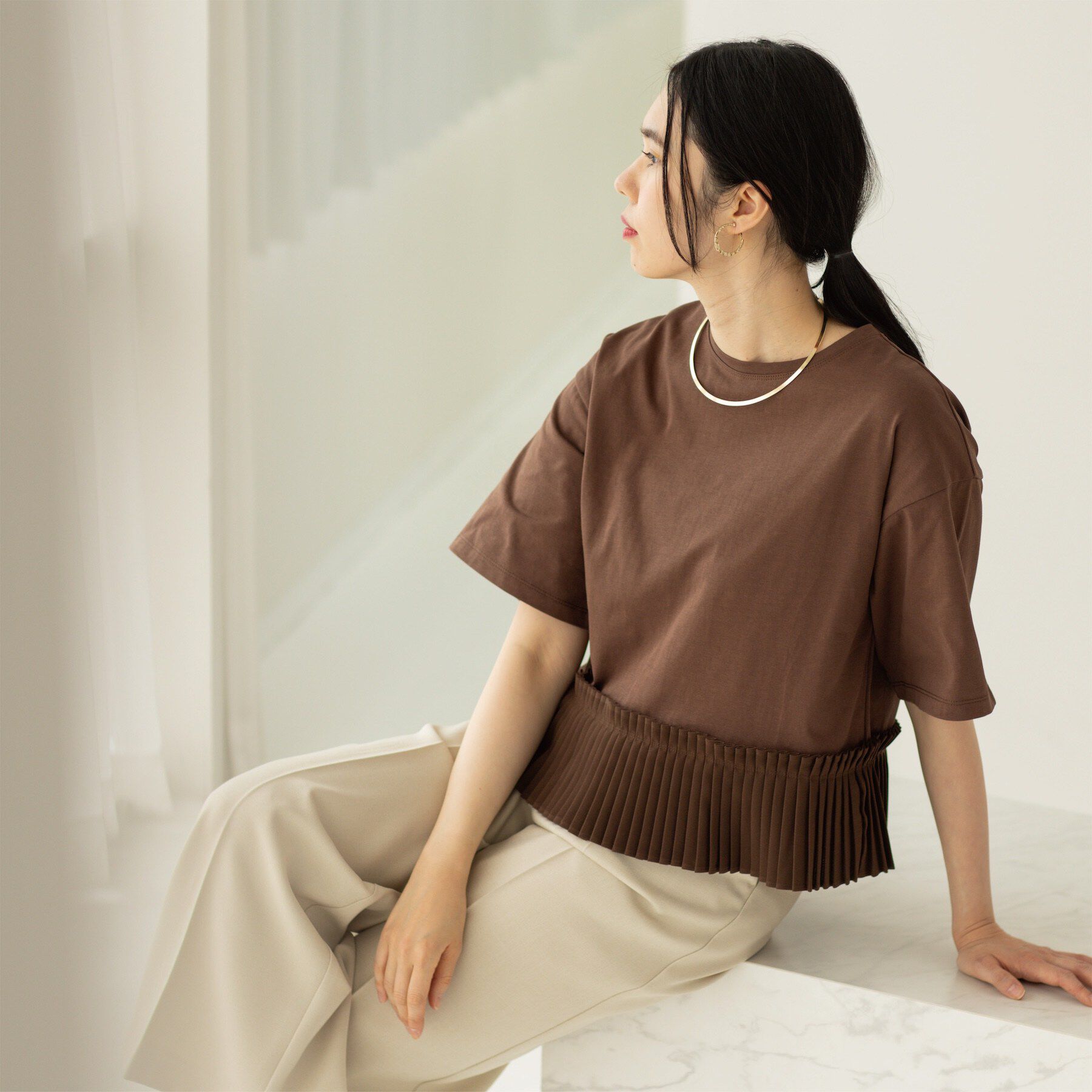OPAQUE.CLIP「プリーツデザインドッキングトップス」|Tシャツ・カットソー|