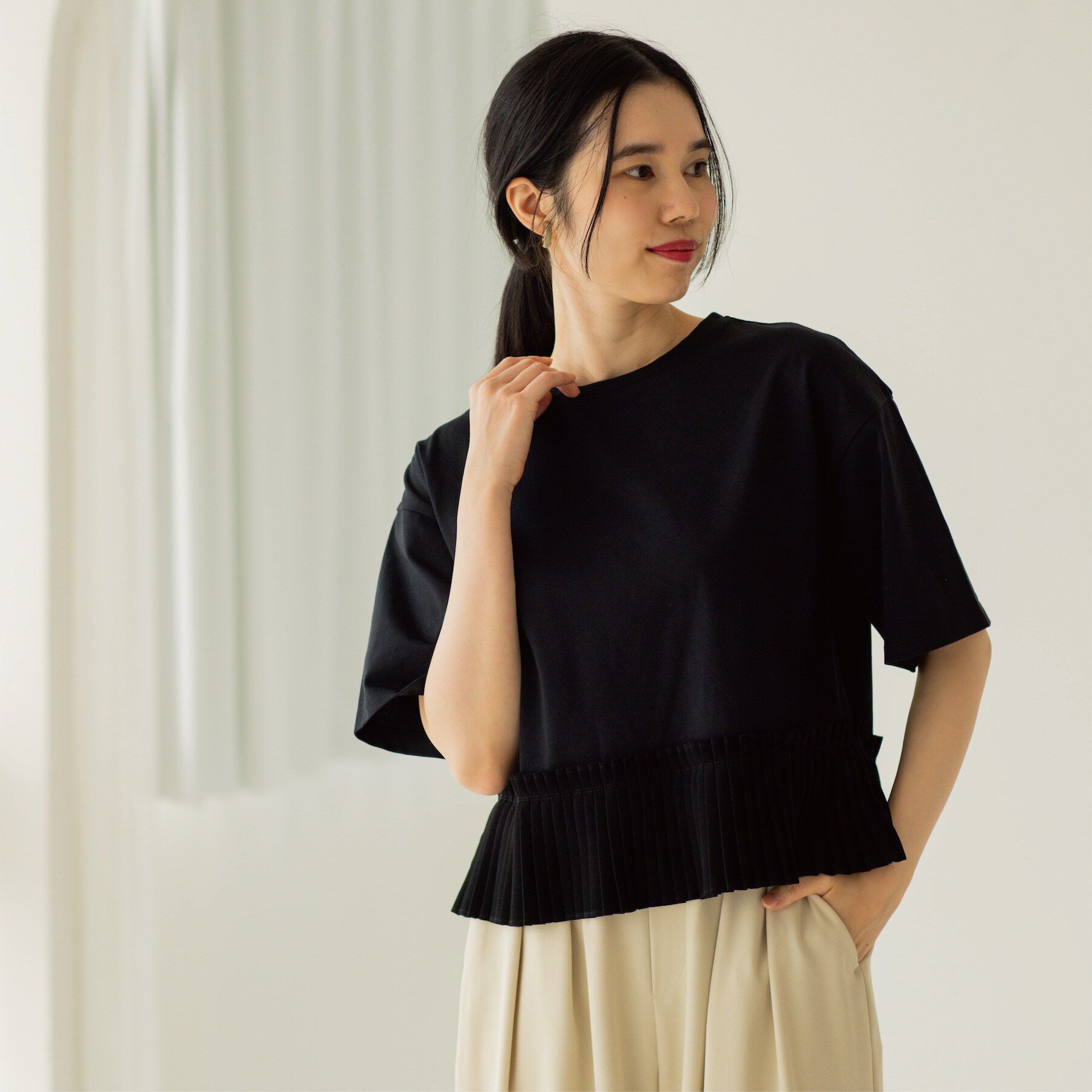 OPAQUE.CLIP「プリーツデザインドッキングトップス」|Tシャツ・カットソー|