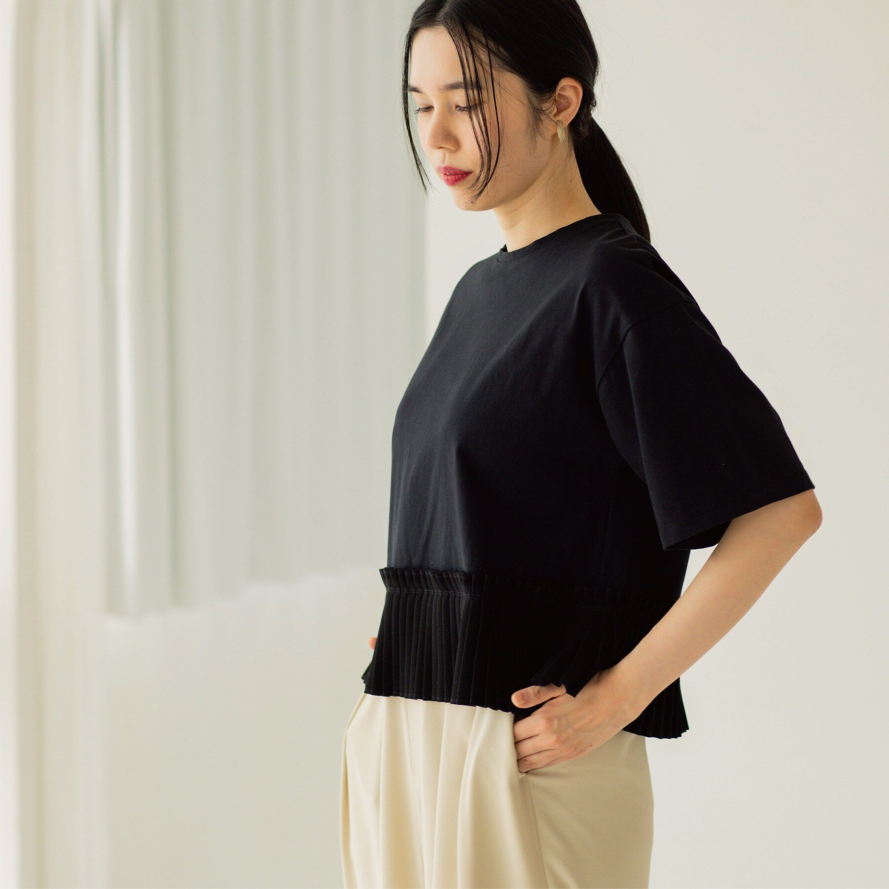 OPAQUE.CLIP「プリーツデザインドッキングトップス」|Tシャツ・カットソー|