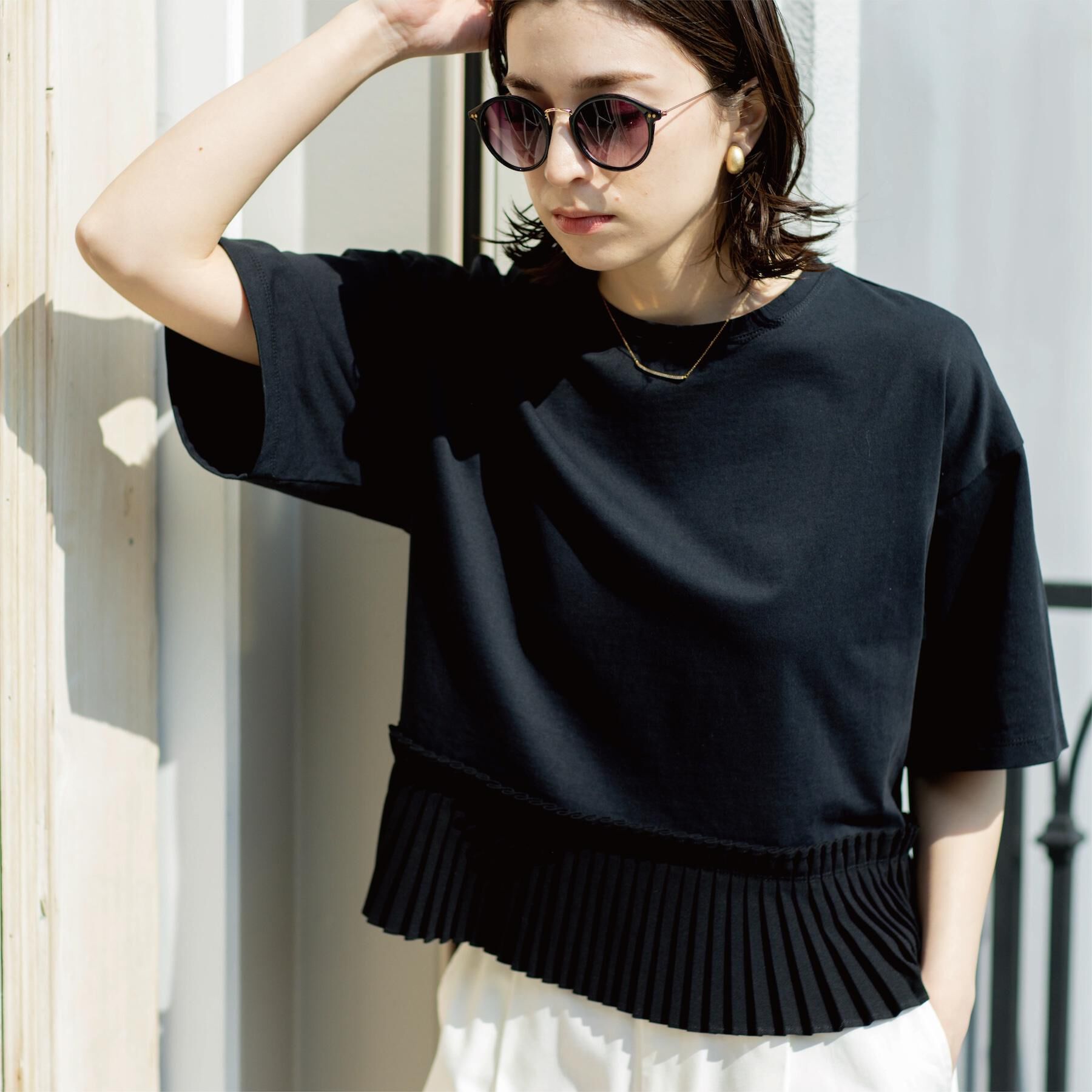 OPAQUE.CLIP「プリーツデザインドッキングトップス」|Tシャツ・カットソー|