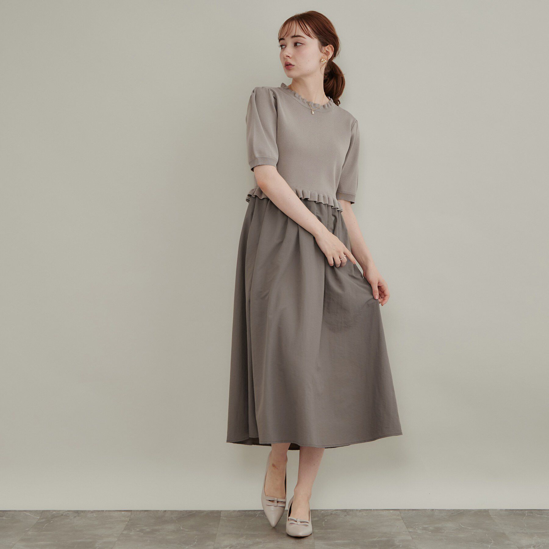 Couture broach「【ほんのり甘い】フリルニット ドッキングワンピース【洗濯機可】」|ワンピース|モカブラウン(042